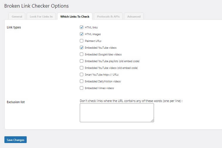 choose your link types from Broken Link Checker Options 