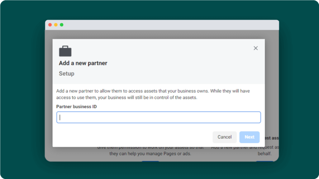 Enter Meta Partner business ID in Facebook business and Click on next to add partner